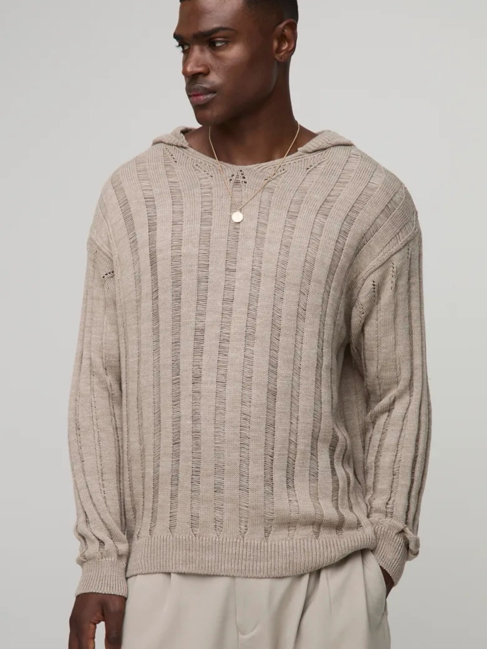 Men's Hooded Ribbed Knit Sweater - Beige